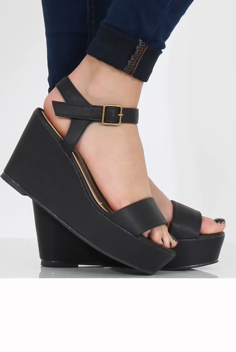 Black PU Open Toe Wedge Sandals - Kennie