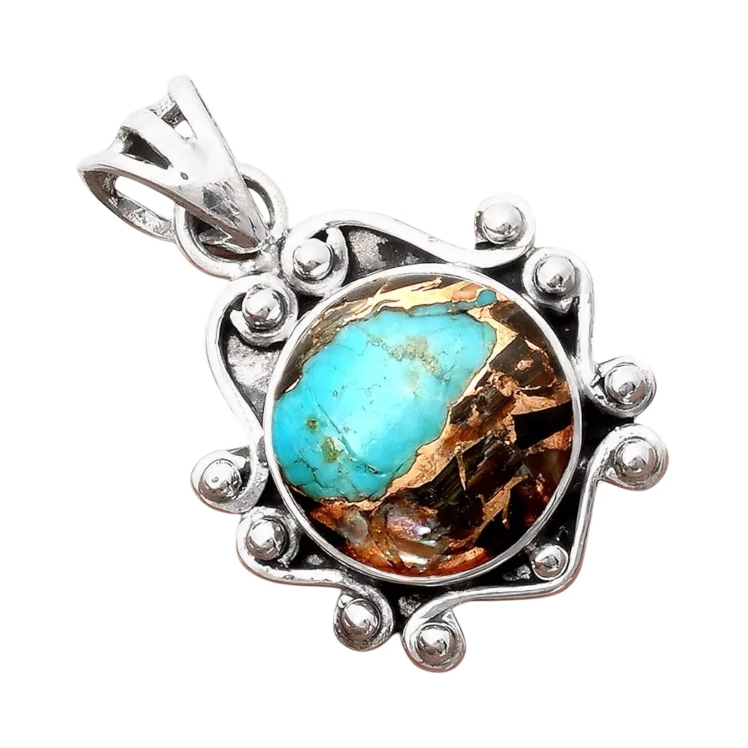 Black Shell & Blue Copper Turquoise Solid 925 Sterling Silver Pendant