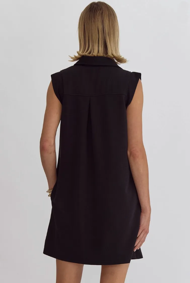 Black Sleeveless Collared Knit Dress