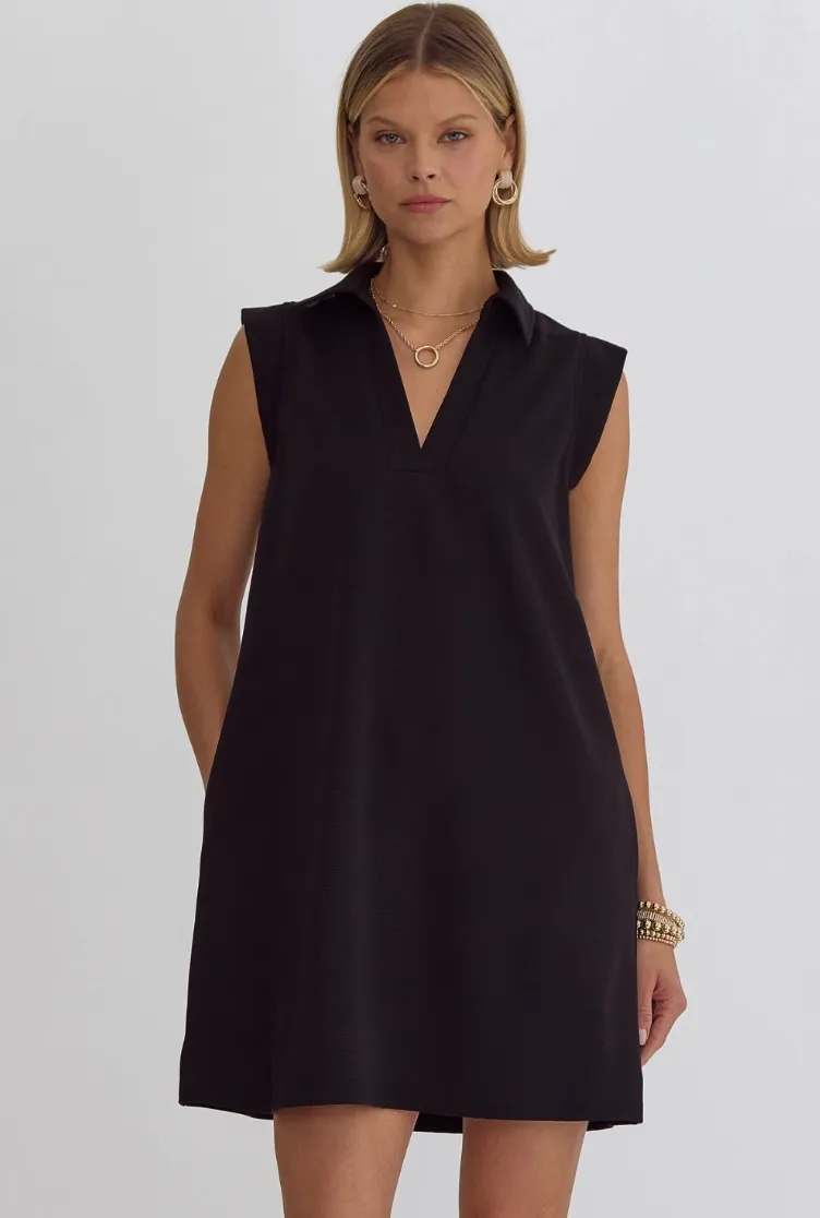 Black Sleeveless Collared Knit Dress