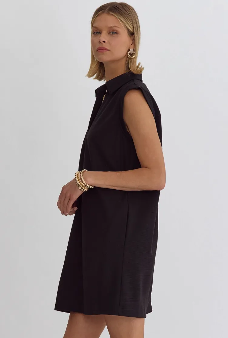 Black Sleeveless Collared Knit Dress
