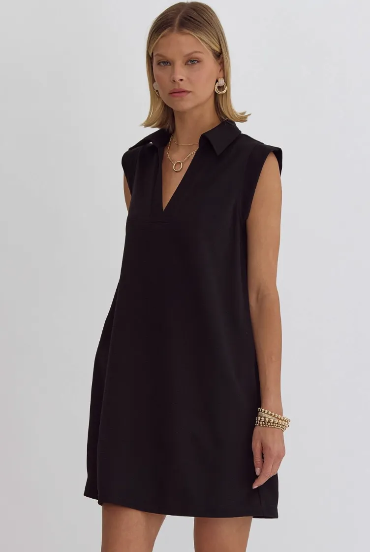 Black Sleeveless Collared Knit Dress