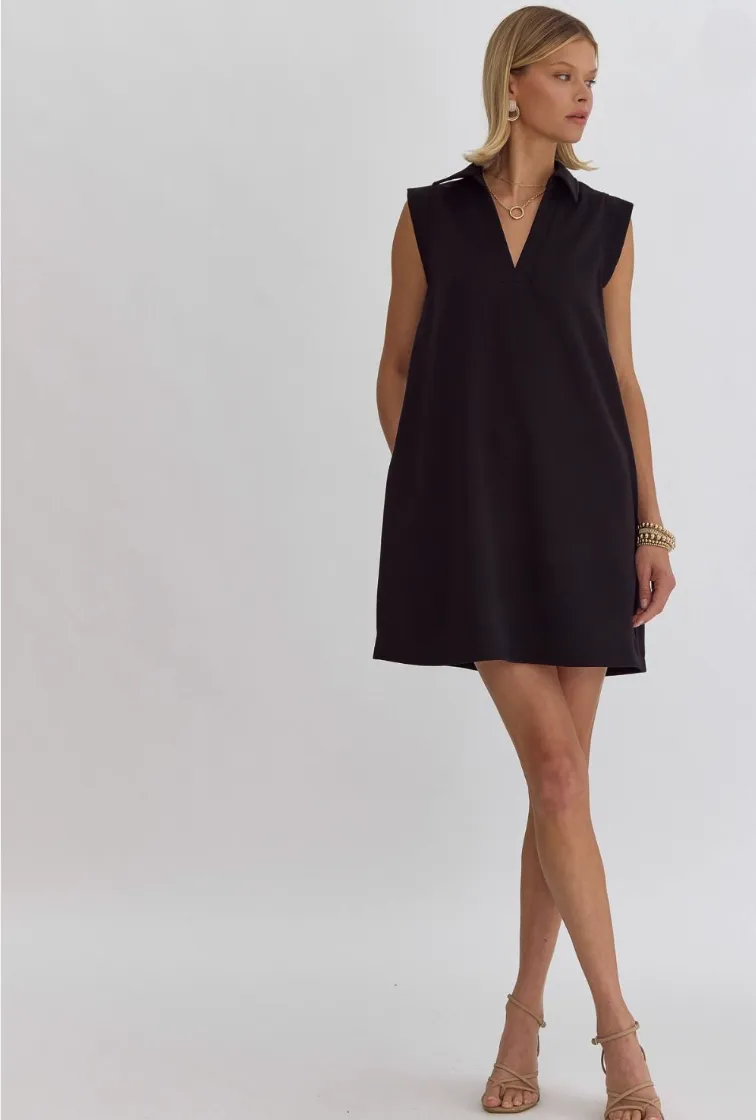 Black Sleeveless Collared Knit Dress