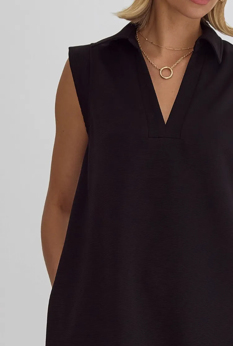 Black Sleeveless Collared Knit Dress