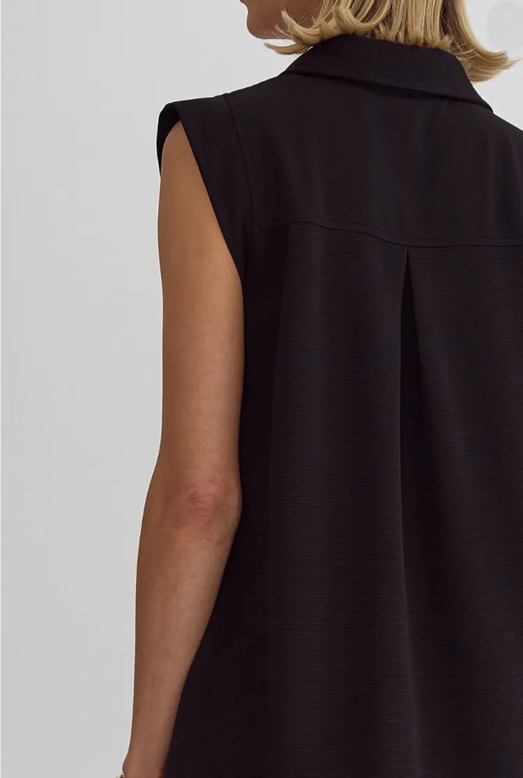 Black Sleeveless Collared Knit Dress
