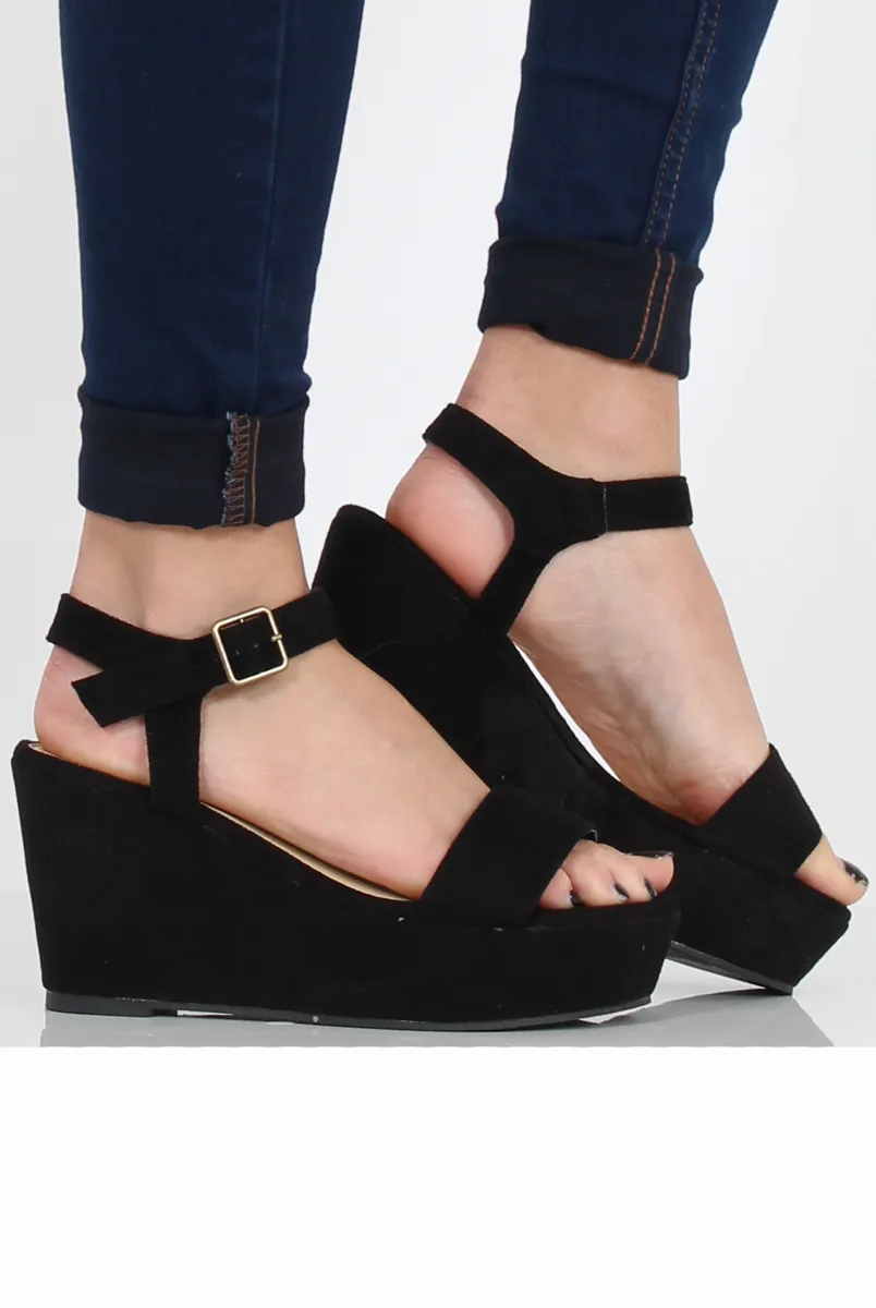 Black Suede Open Toe Wedge Sandals - Kennie