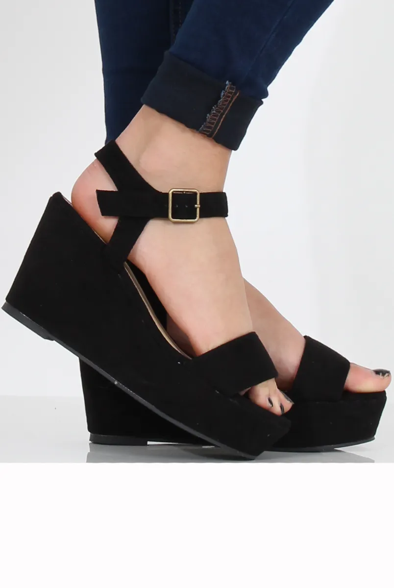 Black Suede Open Toe Wedge Sandals - Kennie