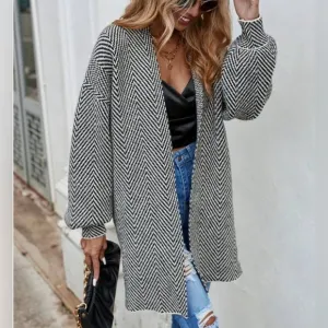 Black/White Chevron Pattern Drop Shoulder Duster Cardigan