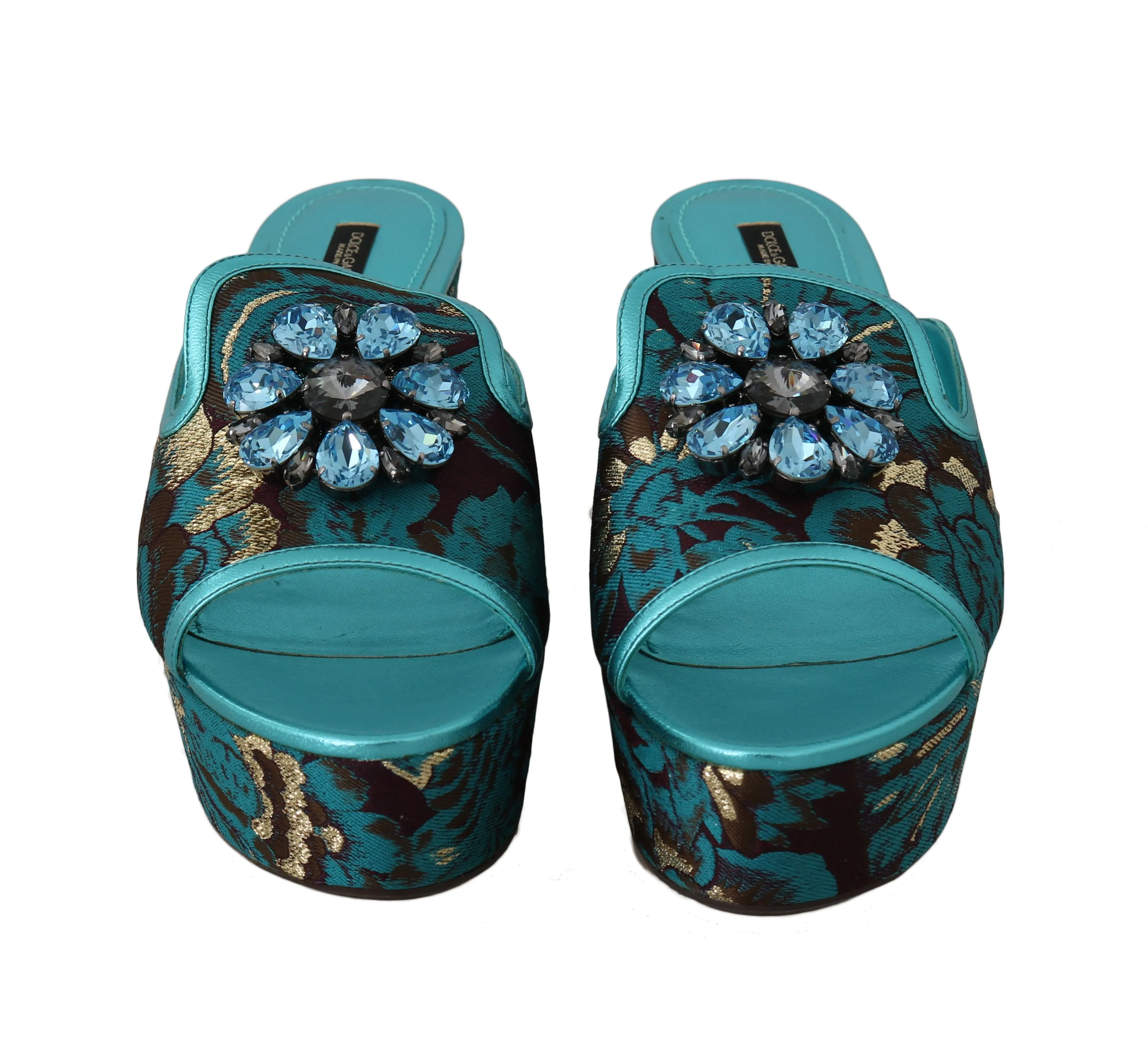 Blue Gold Leather Jacquard Crystal Slides