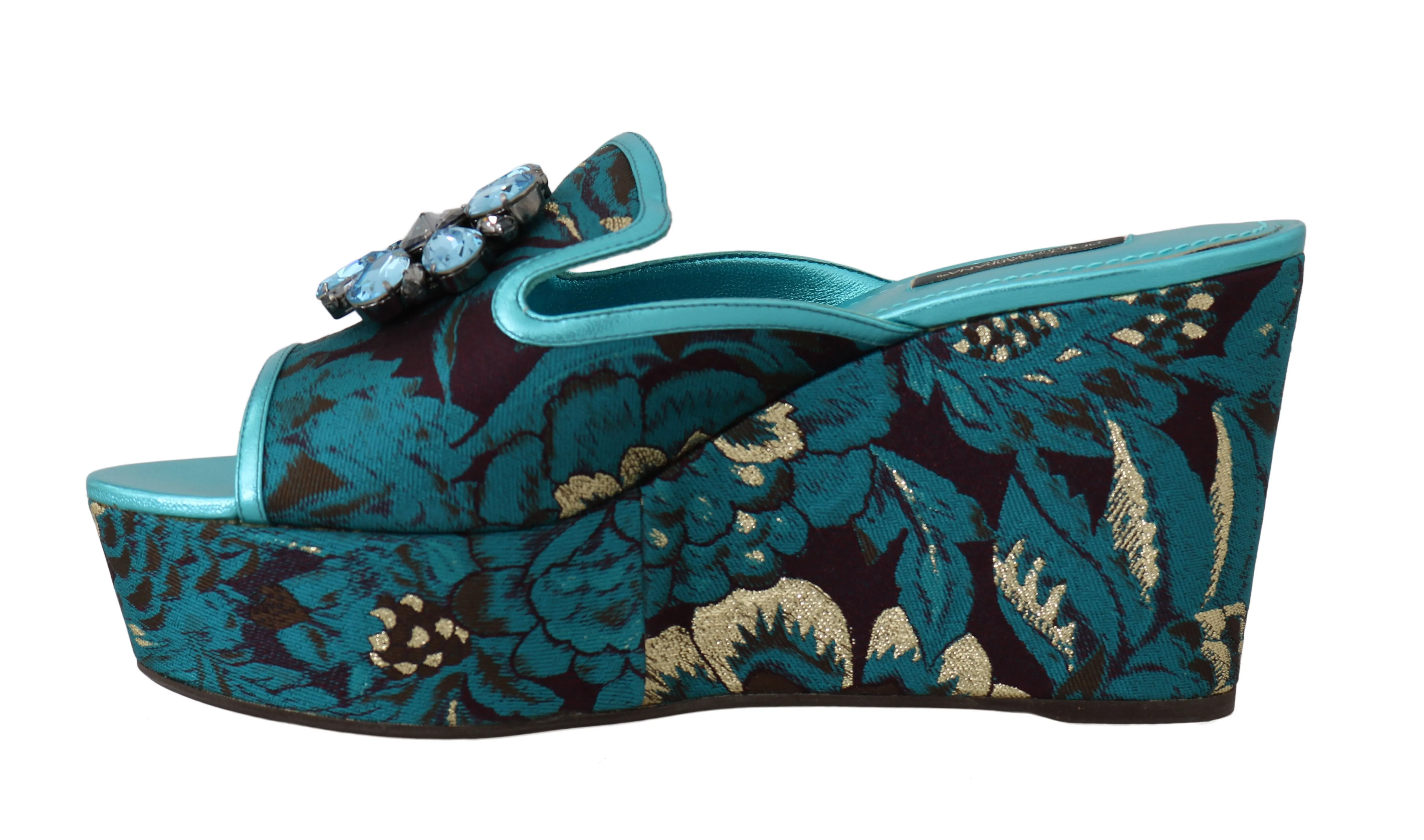 Blue Gold Leather Jacquard Crystal Slides
