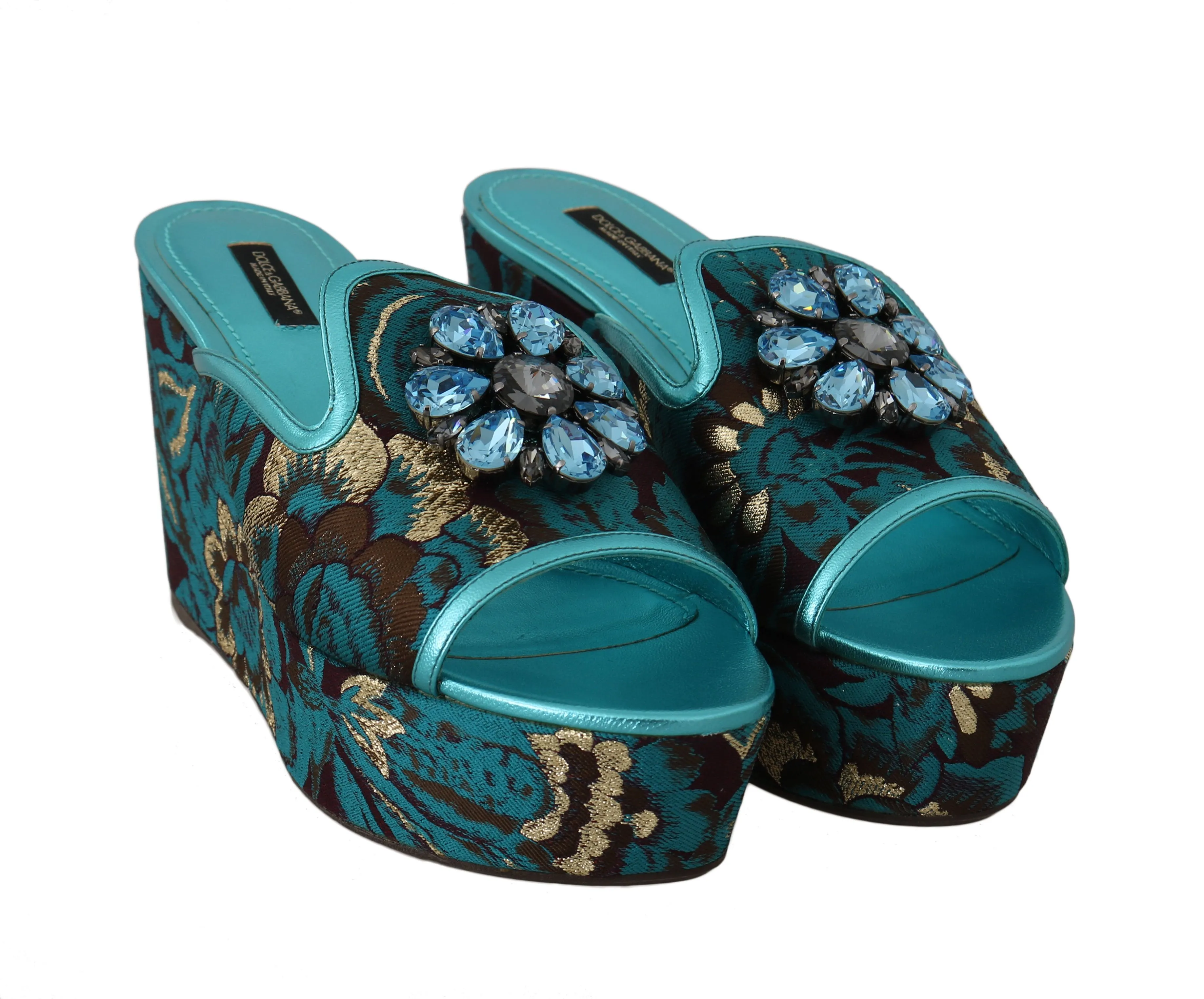 Blue Gold Leather Jacquard Crystal Slides