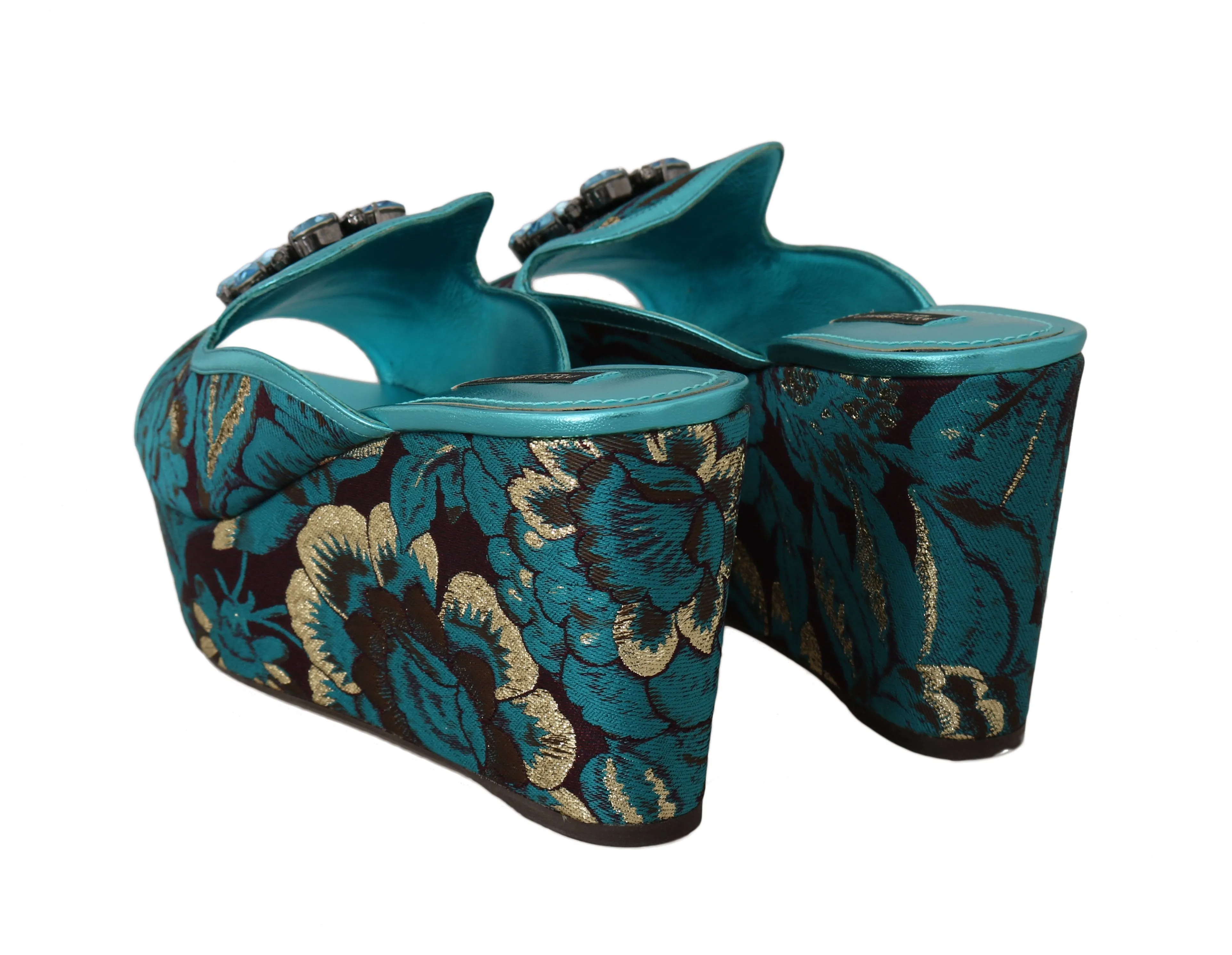 Blue Gold Leather Jacquard Crystal Slides
