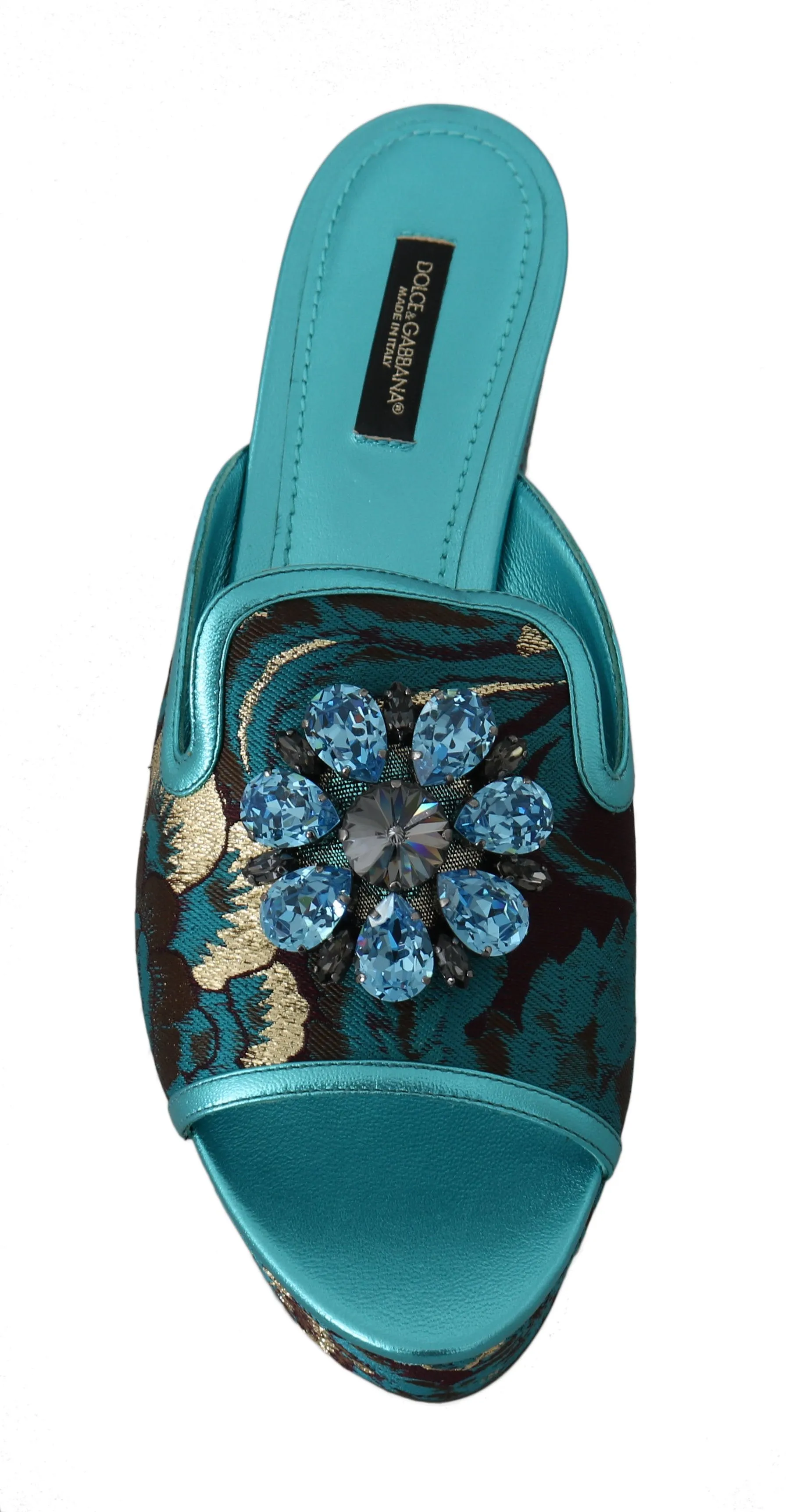 Blue Gold Leather Jacquard Crystal Slides