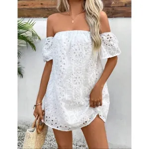 Boho white off the shoulder eyelet lace mini dress