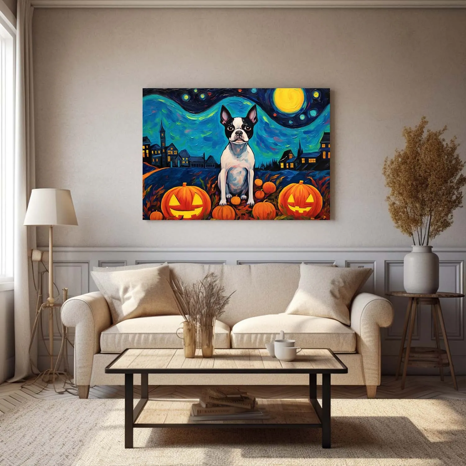 Boston Terriers Dog 02 Halloween With Pumpkin Oil Painting Van Goh Style, Wooden Canvas Prints Wall Art Painting , Canvas 3d Art