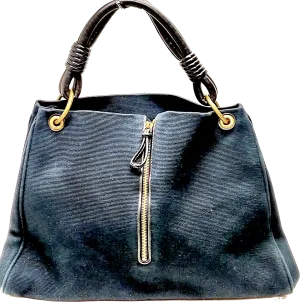 Bottega Veneta Italy Black Leather Handles, Dark Navy Canvas Shoulder Bag / Hand Bag