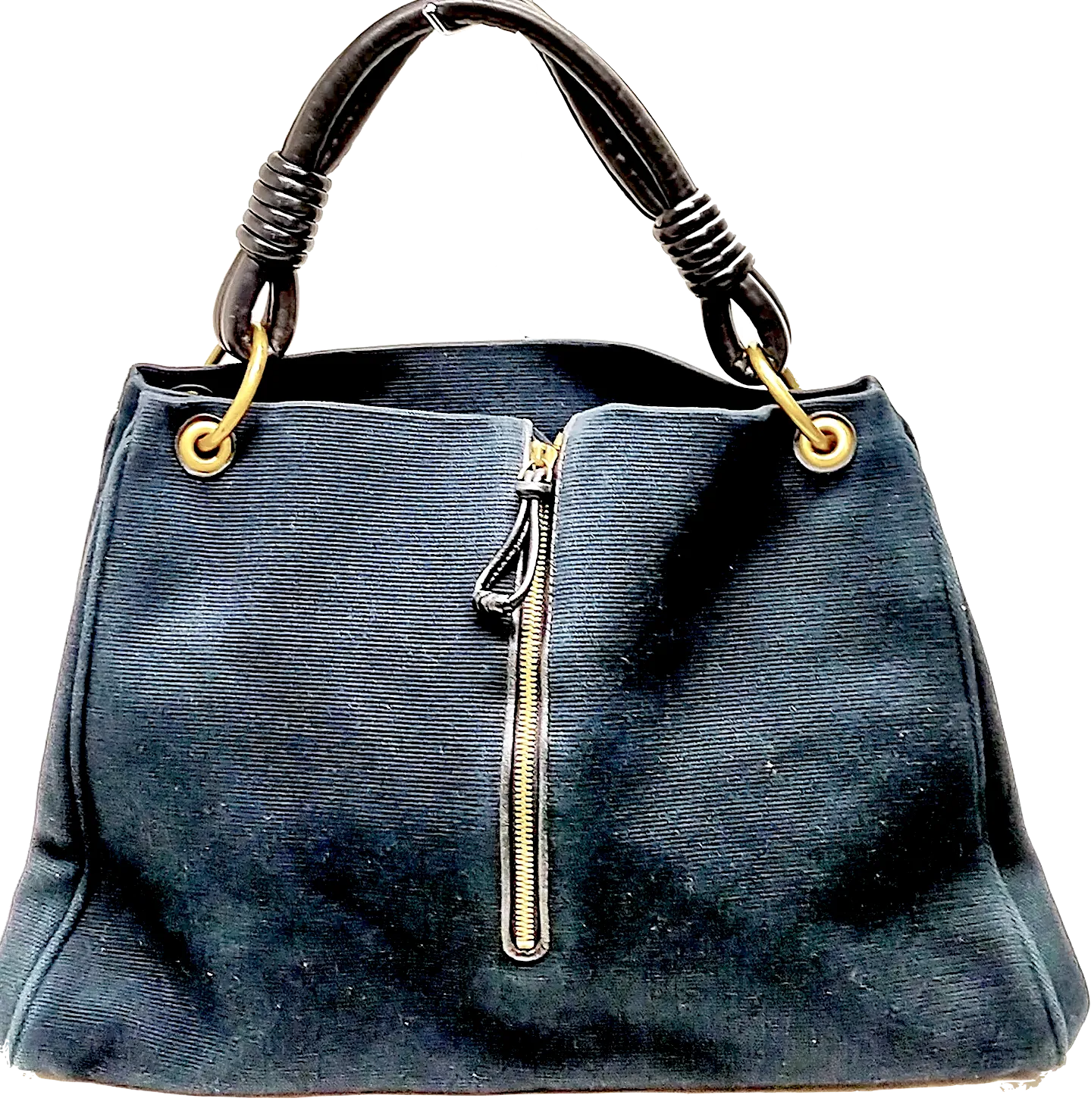 Bottega Veneta Italy Black Leather Handles, Dark Navy Canvas Shoulder Bag / Hand Bag