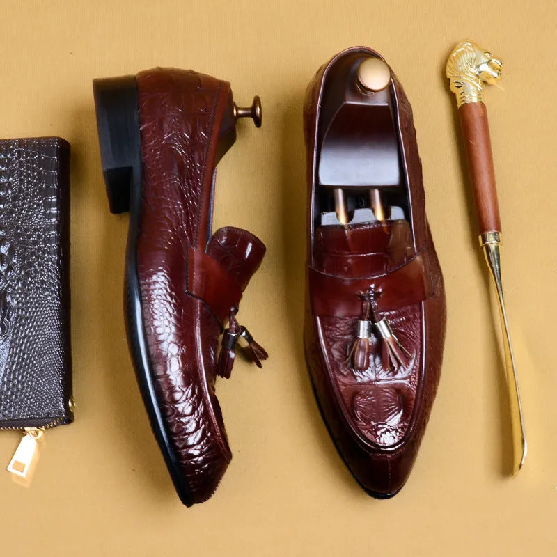 British Pointed Leather Shoes Men's Genuine Leather Crocodile Pattern Tassel Business Casual Men's Office Shoes Men's Shoes 25826