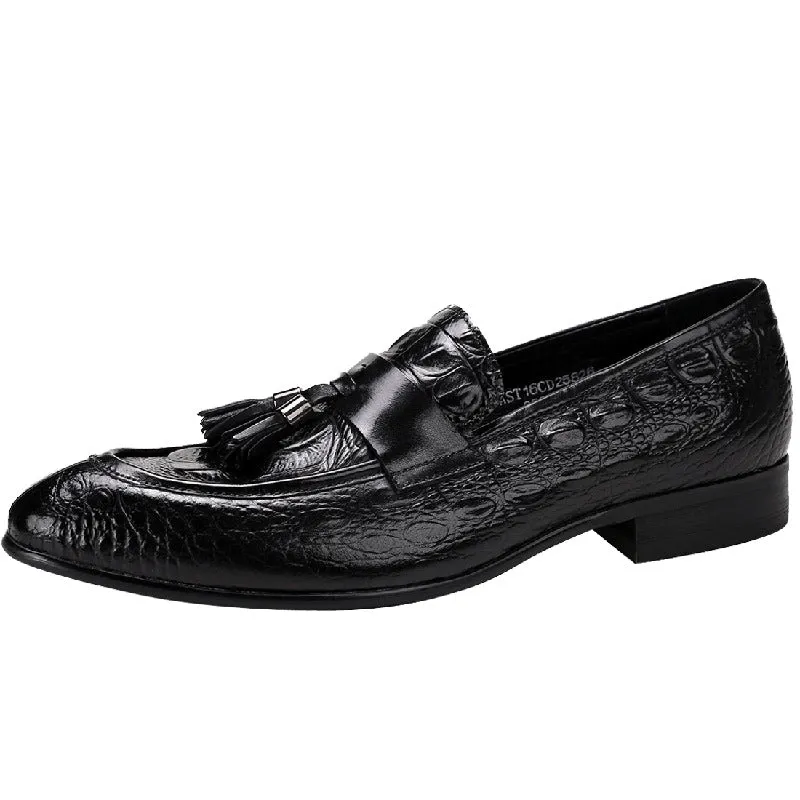 British Pointed Leather Shoes Men's Genuine Leather Crocodile Pattern Tassel Business Casual Men's Office Shoes Men's Shoes 25826