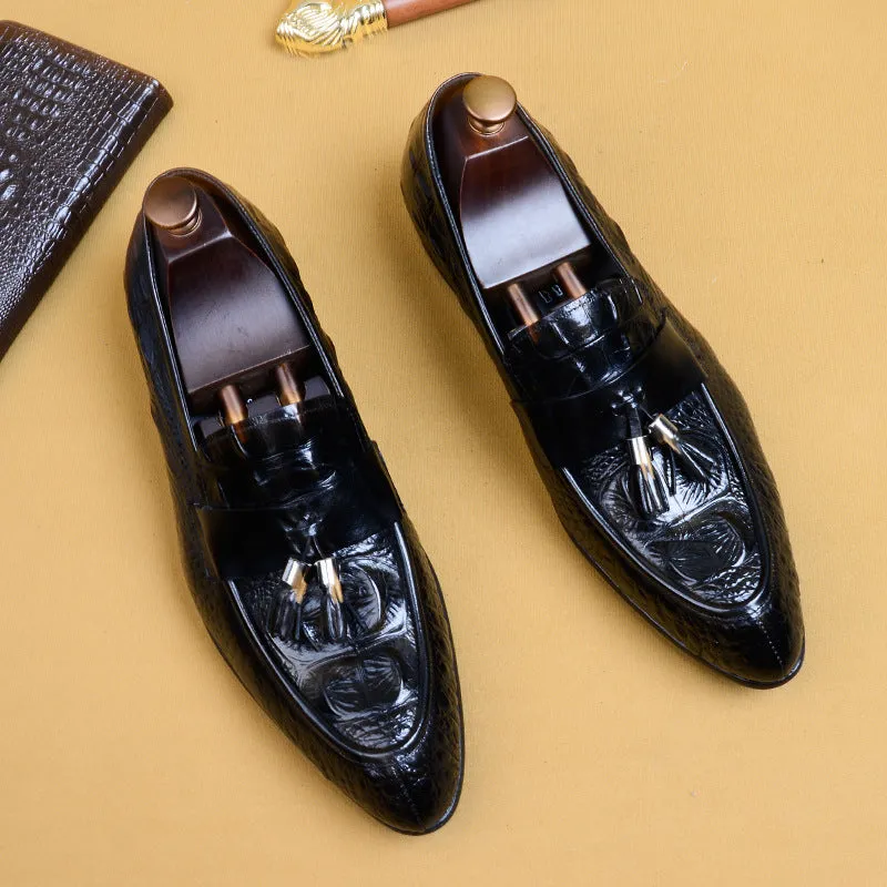 British Pointed Leather Shoes Men's Genuine Leather Crocodile Pattern Tassel Business Casual Men's Office Shoes Men's Shoes 25826