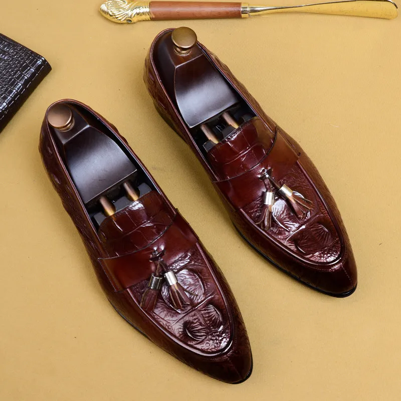 British Pointed Leather Shoes Men's Genuine Leather Crocodile Pattern Tassel Business Casual Men's Office Shoes Men's Shoes 25826
