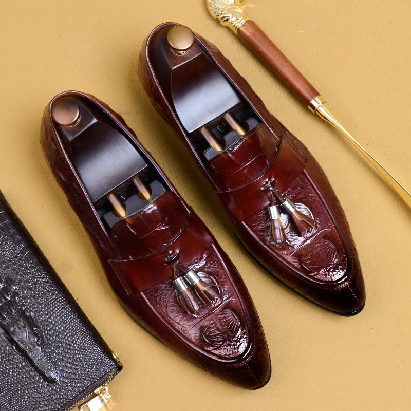 British Pointed Leather Shoes Men's Genuine Leather Crocodile Pattern Tassel Business Casual Men's Office Shoes Men's Shoes 25826