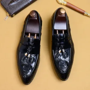 British Pointed Leather Shoes Men's Genuine Leather Crocodile Pattern Tassel Business Casual Men's Office Shoes Men's Shoes 25826