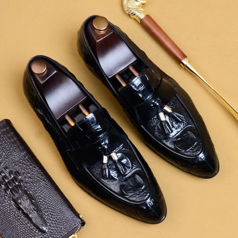 British Pointed Leather Shoes Men's Genuine Leather Crocodile Pattern Tassel Business Casual Men's Office Shoes Men's Shoes 25826