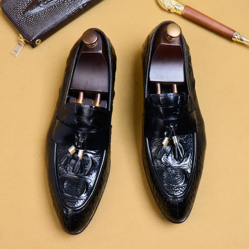 British Pointed Leather Shoes Men's Genuine Leather Crocodile Pattern Tassel Business Casual Men's Office Shoes Men's Shoes 25826