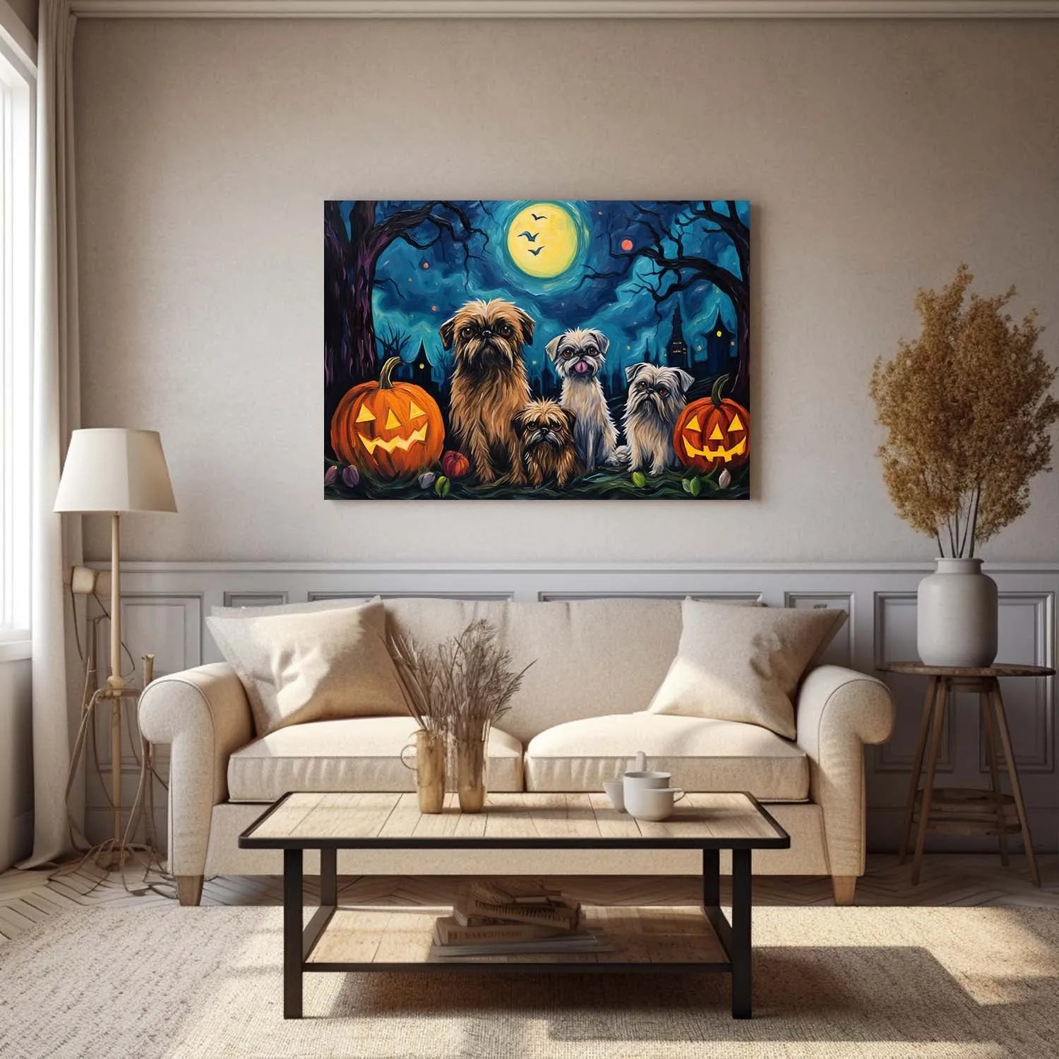 Brussels Griffons Dog 02 Halloween With Pumpkin Oil Painting Van Goh Style, Wooden Canvas Prints Wall Art Painting , Canvas 3d Art