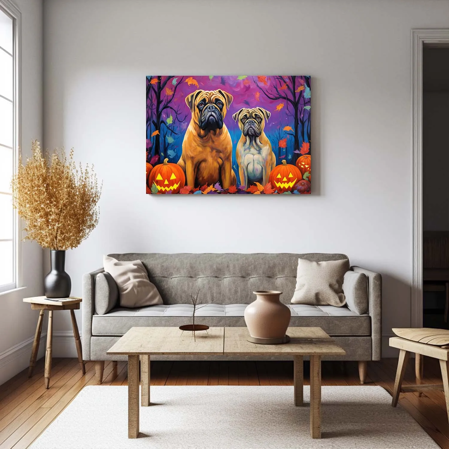 Bullmastiffs Dog 02 Halloween With Pumpkin Oil Painting Van Goh Style, Wooden Canvas Prints Wall Art Painting , Canvas 3d Art