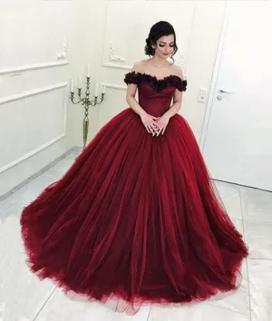 Burgundy sweetheart tulle long prom gown, burgundy evening dress