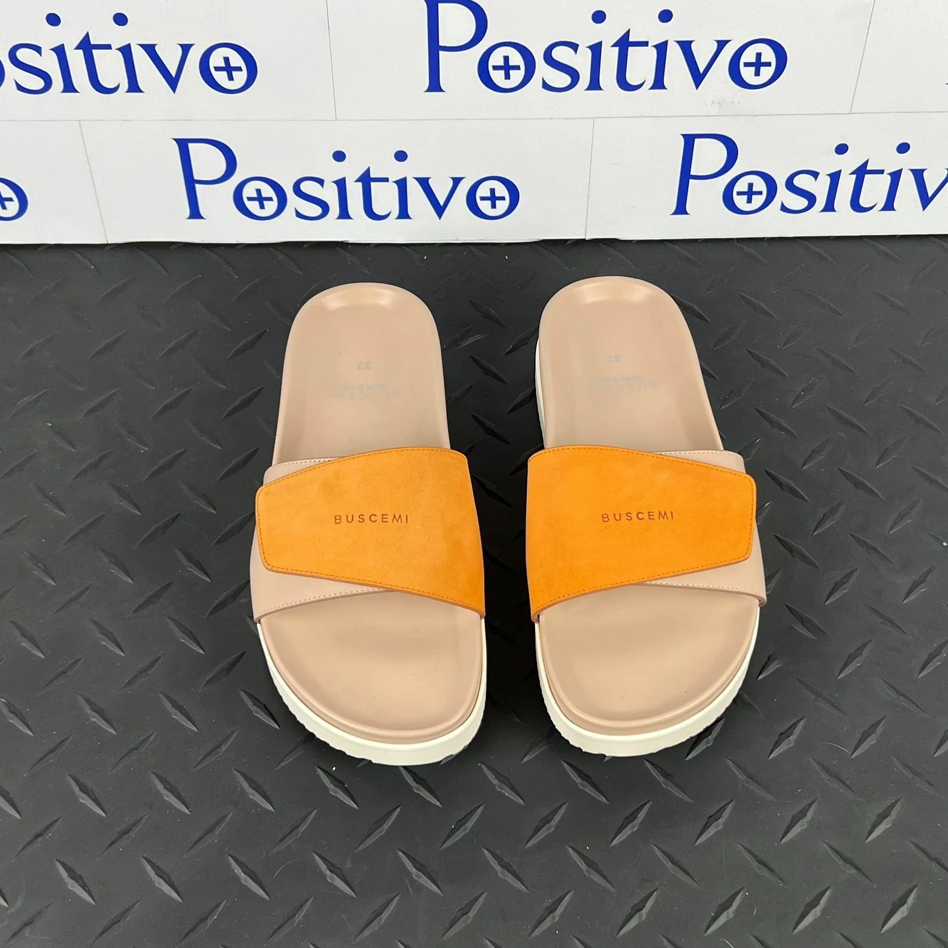 Buscemi Women's Slide Scratch Nude/Orange Leather Sandals SAMPLE
