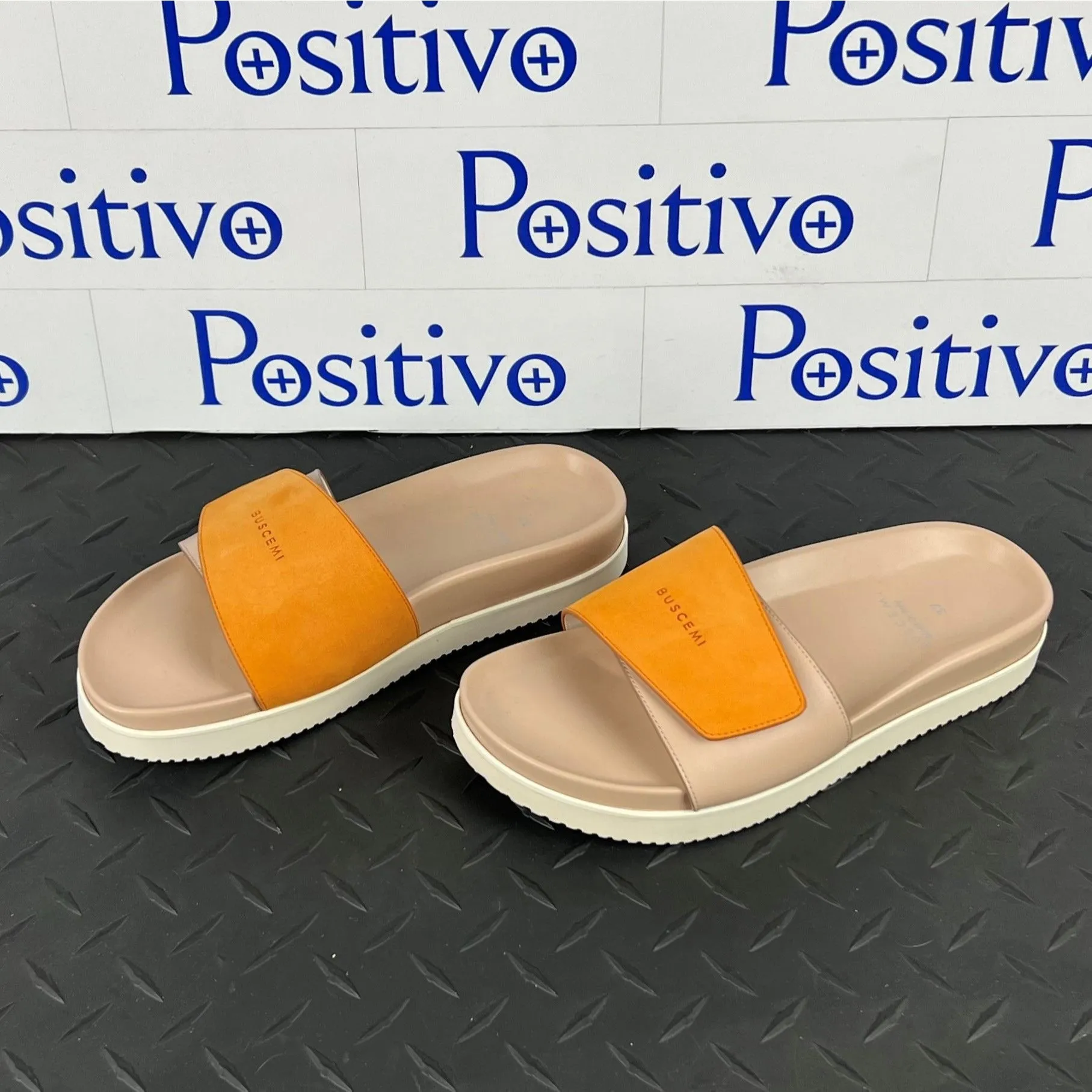 Buscemi Women's Slide Scratch Nude/Orange Leather Sandals SAMPLE