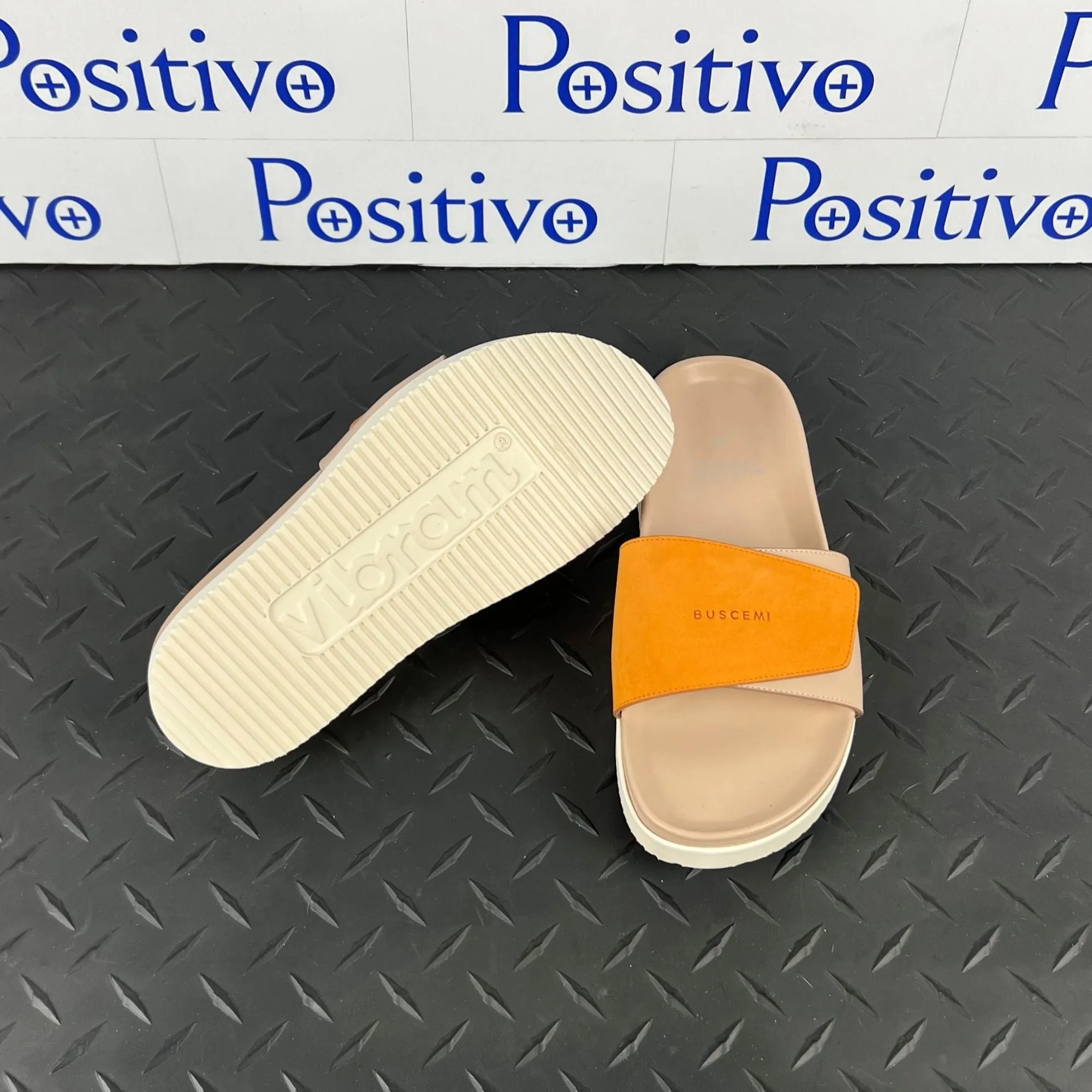 Buscemi Women's Slide Scratch Nude/Orange Leather Sandals SAMPLE