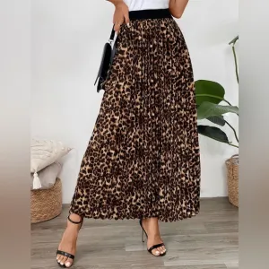 Business casual Pleated Leopard Maxi Skirt