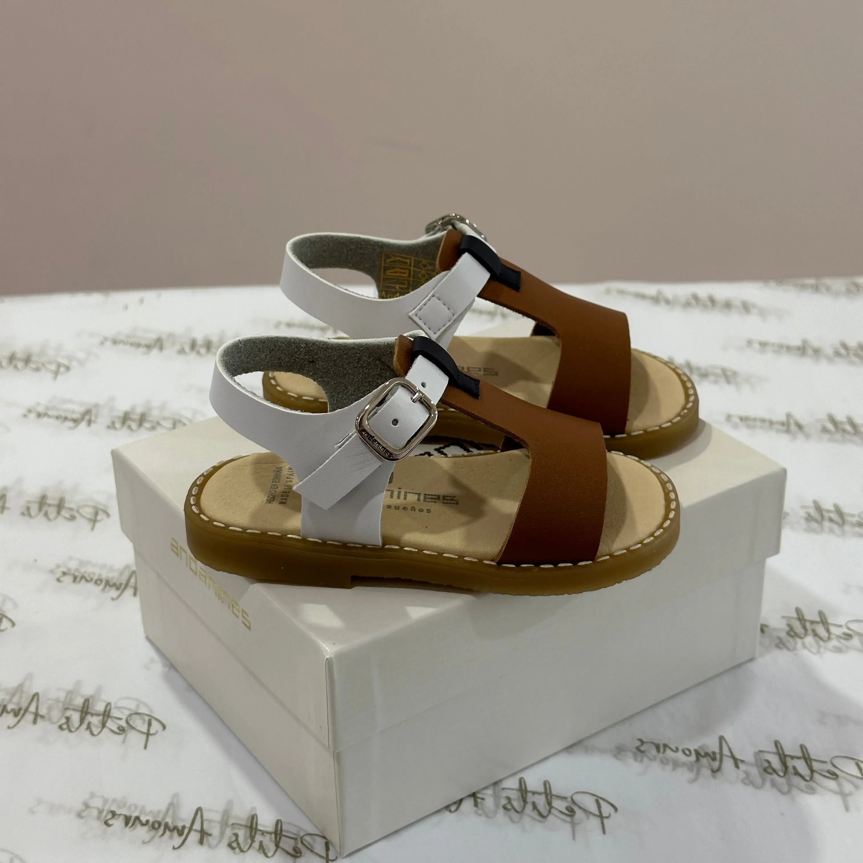 Camel, Navy & White Open Toe Sandals
