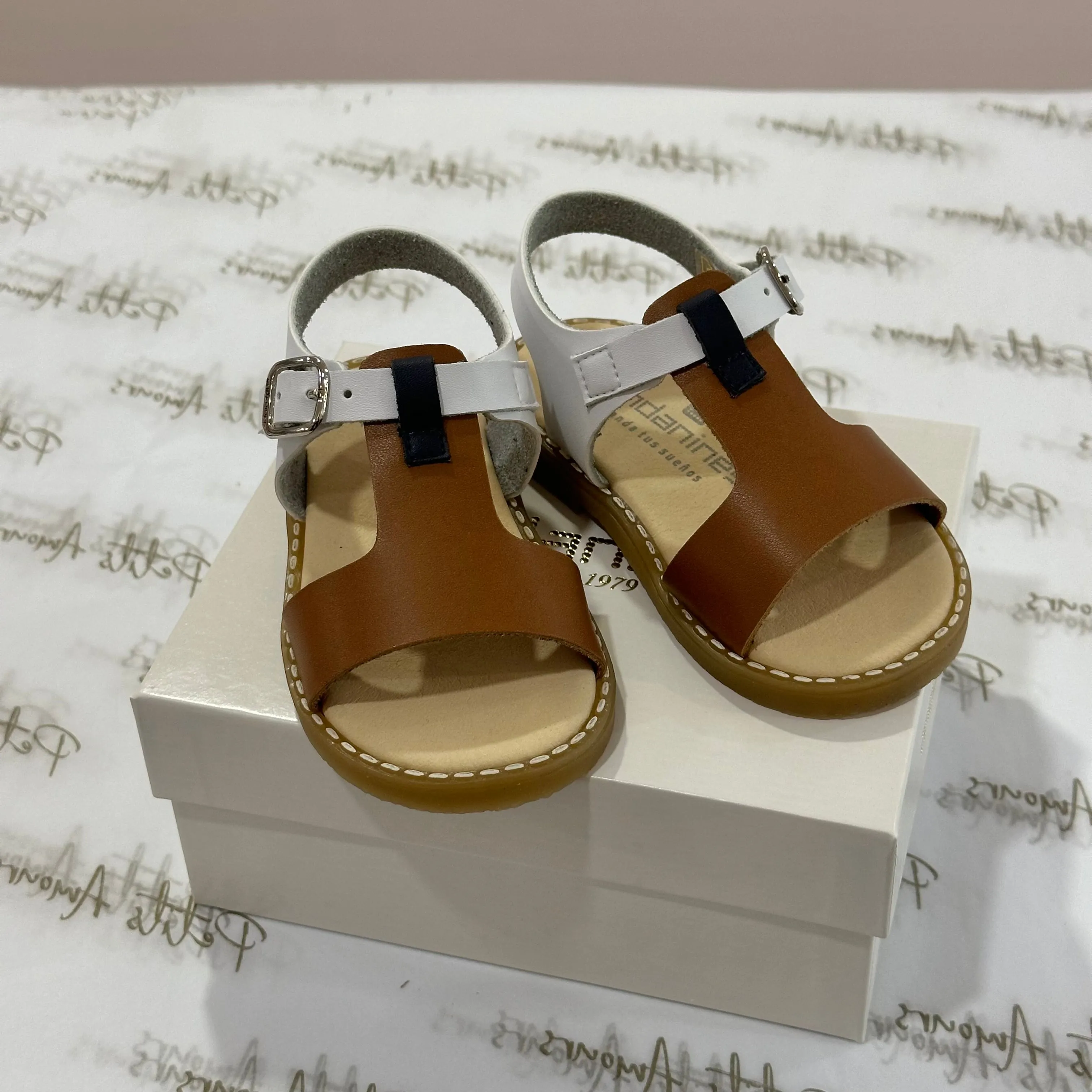 Camel, Navy & White Open Toe Sandals