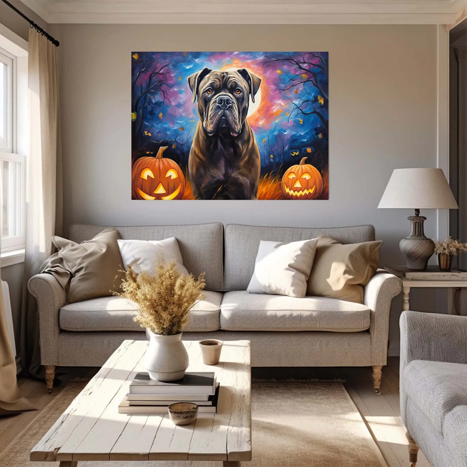 Cane Corso Dog 04 Halloween With Pumpkin Oil Painting Van Goh Style, Wooden Canvas Prints Wall Art Painting , Canvas 3d Art