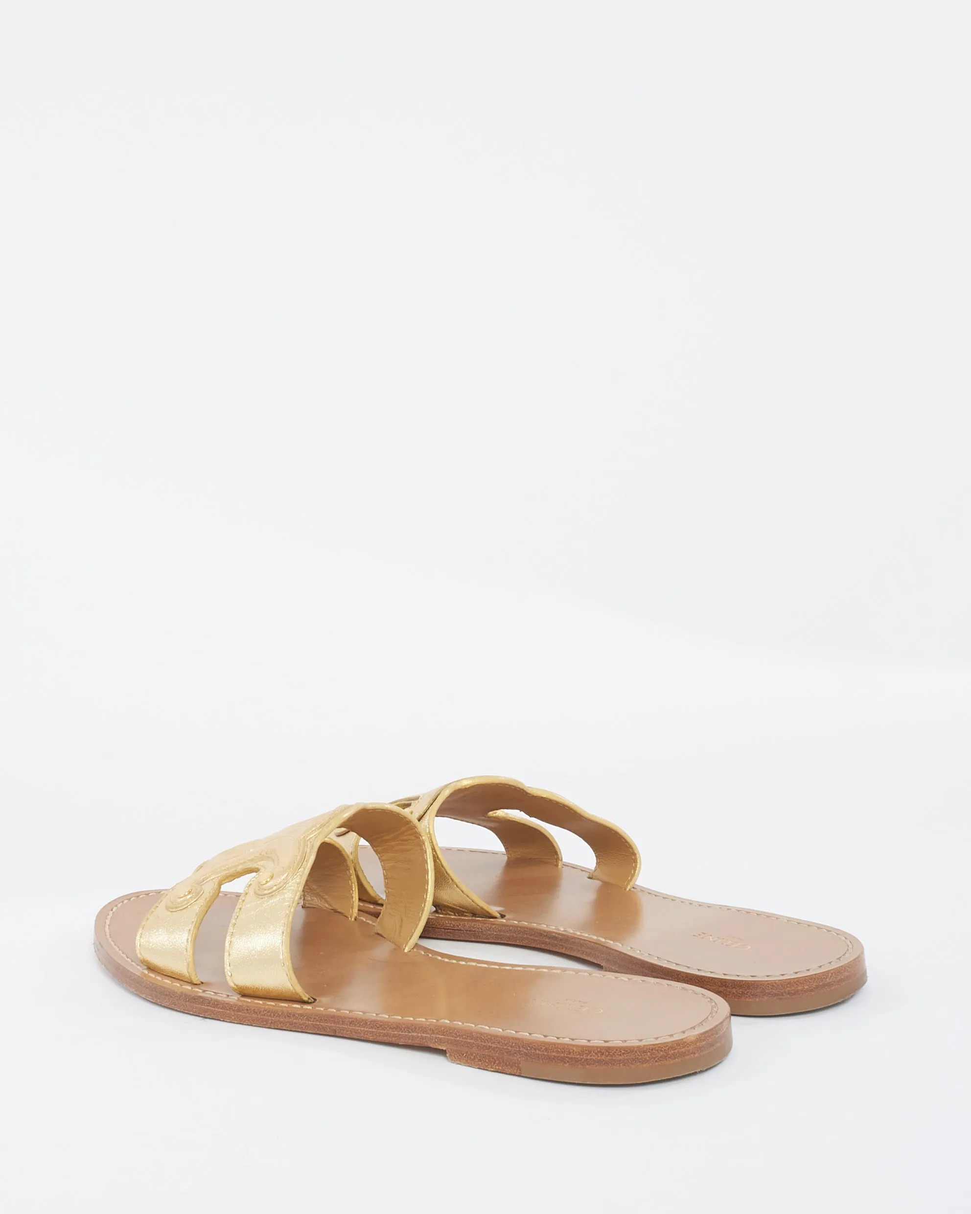 Celine Gold Leather Triomphe Flat Mule Sandals - 39