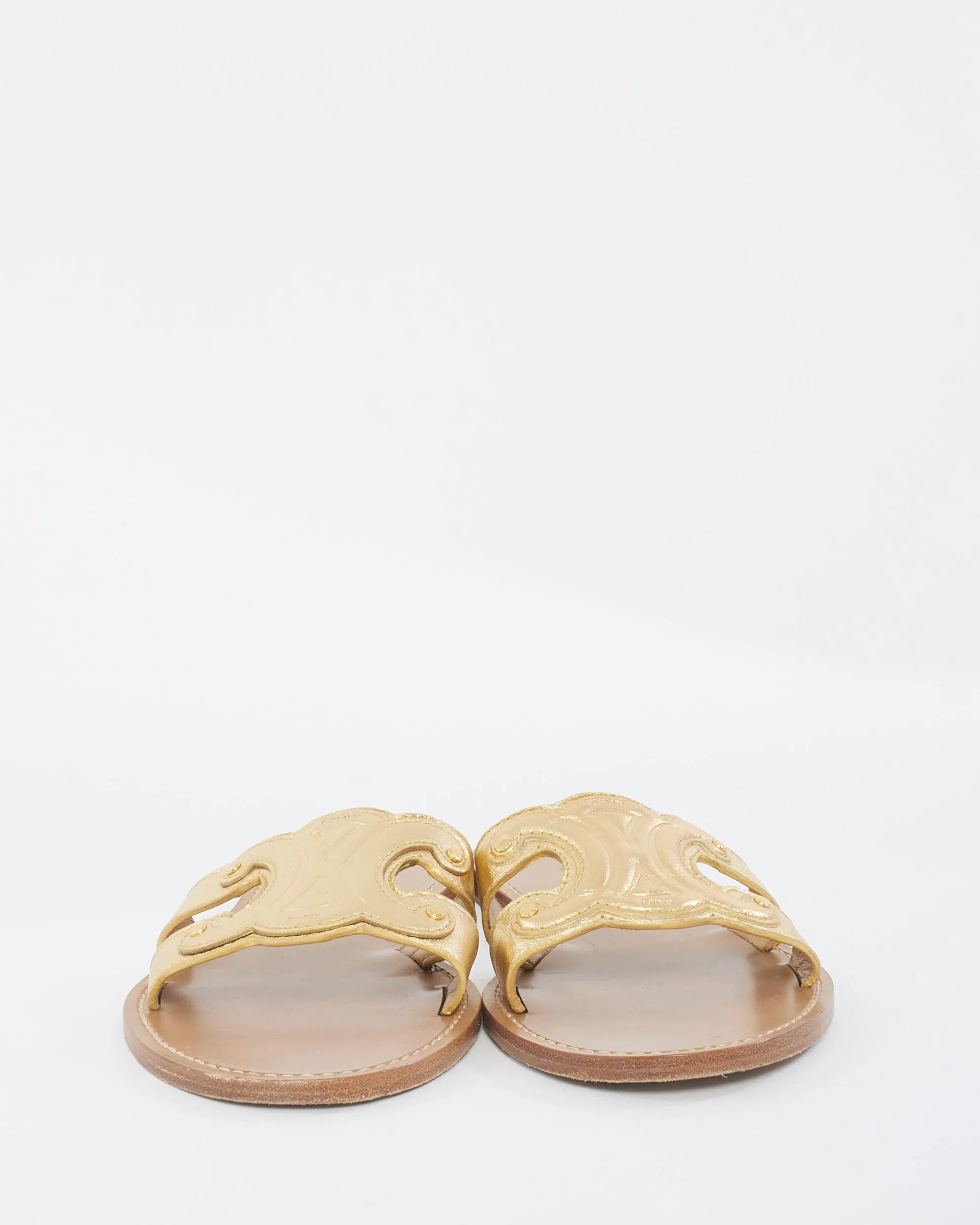 Celine Gold Leather Triomphe Flat Mule Sandals - 39