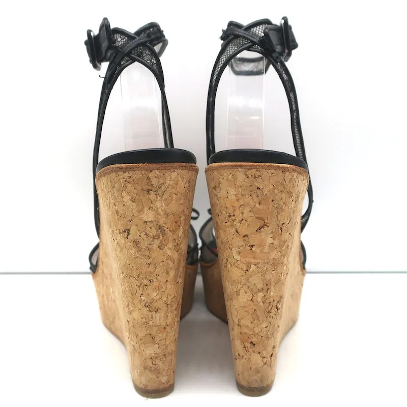 CH Carolina Herrera Cork Platform Sandals Black Lace Size 37 Ankle Strap Wedge