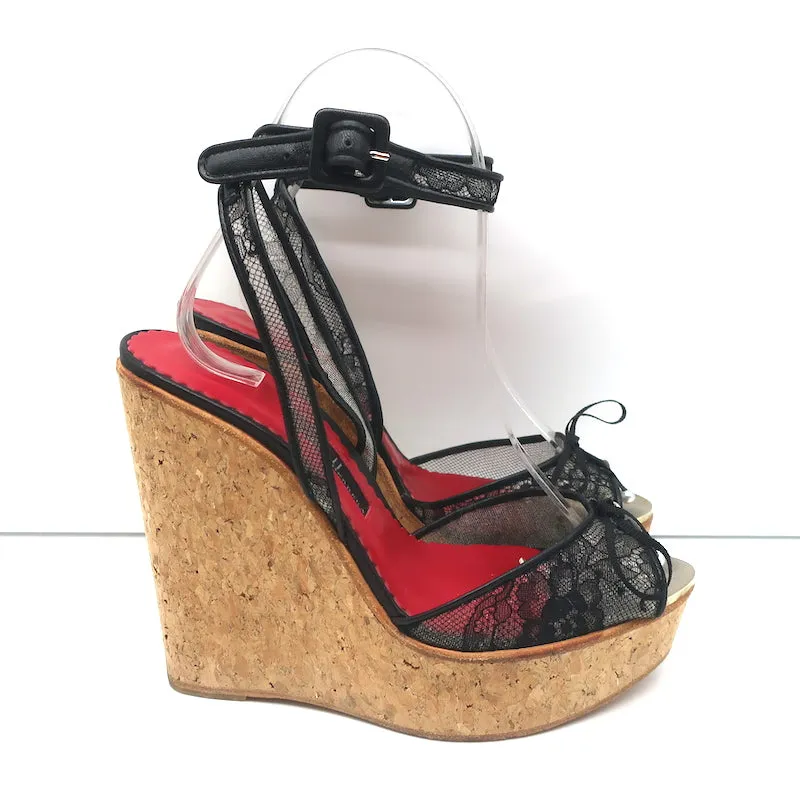 CH Carolina Herrera Cork Platform Sandals Black Lace Size 37 Ankle Strap Wedge