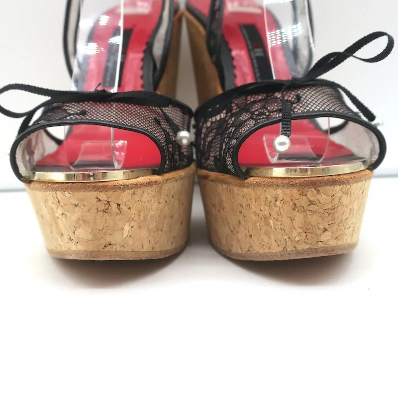 CH Carolina Herrera Cork Platform Sandals Black Lace Size 37 Ankle Strap Wedge