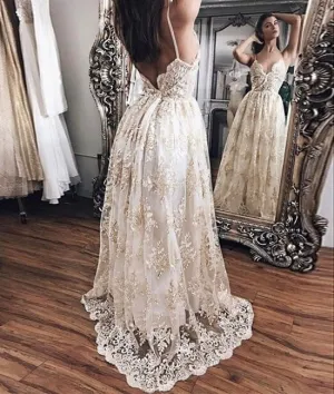Champagne lace long prom dress, backless lace evening dress