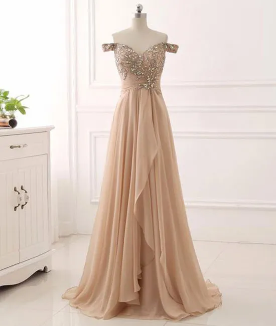 Champagne sweetheart chiffon beads long prom dress