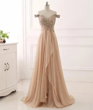 Champagne sweetheart chiffon beads long prom dress