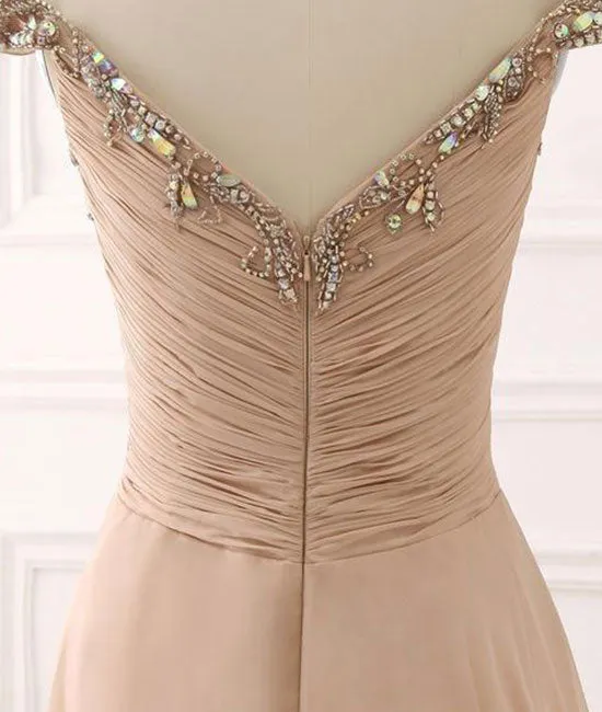 Champagne sweetheart chiffon beads long prom dress