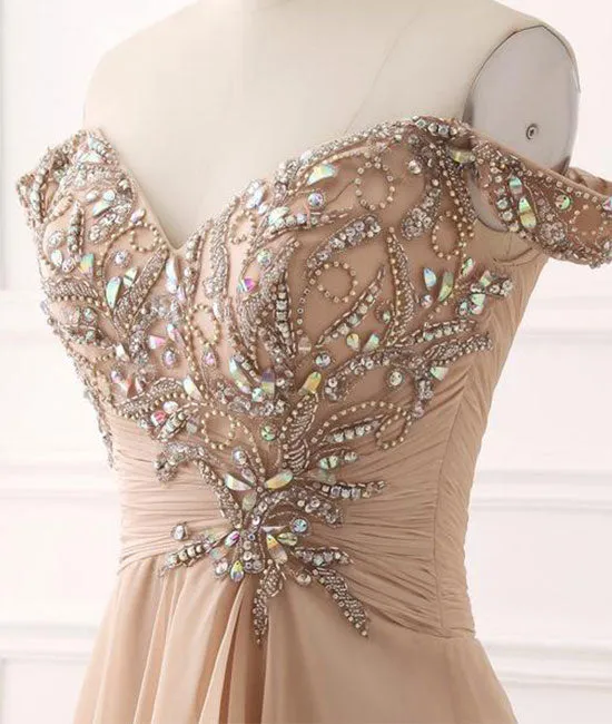 Champagne sweetheart chiffon beads long prom dress