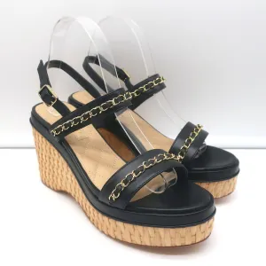 Chanel 20C CC Chain Wicker Platform Wedge Sandals Black Leather Size 39.5 NEW